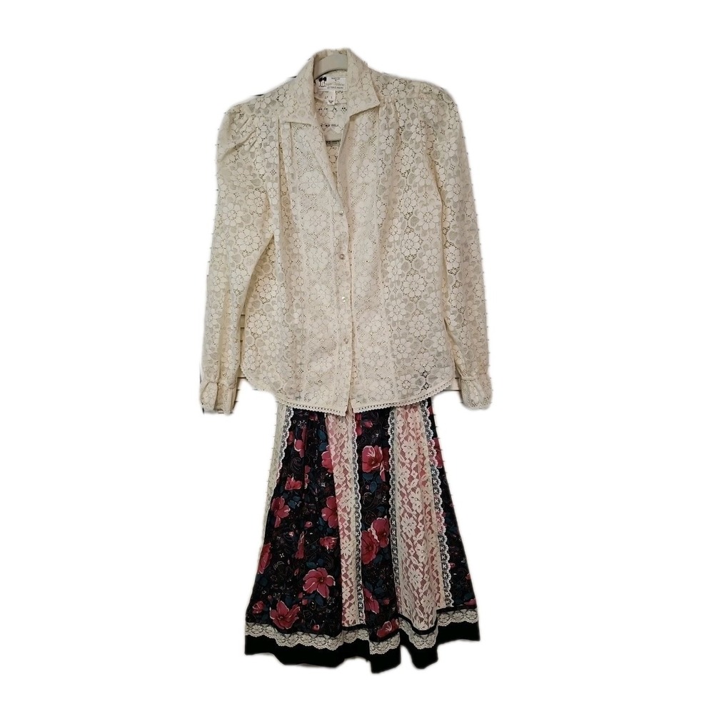Vintage 1970s Patchwork Cotton & Lace Skirt Blouse Set Carefree‎ Fashions Sm